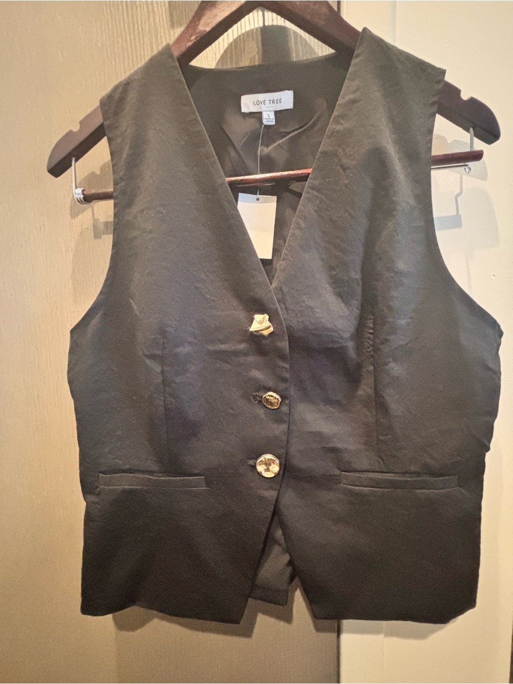 Love Tree Black Womens Tailored Vest with Gold Buttons